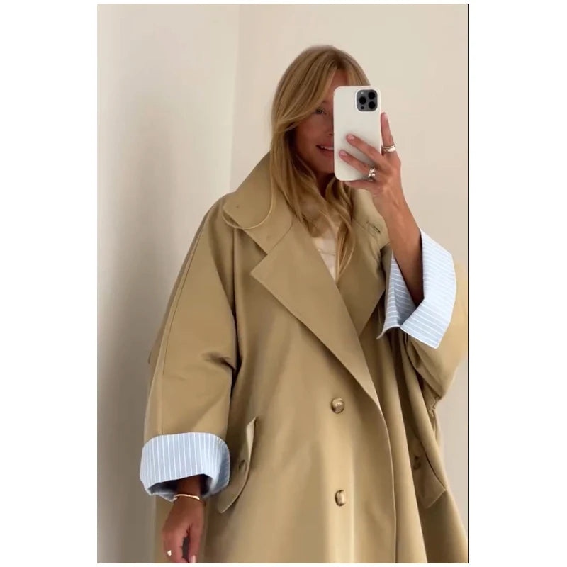 Khaki Long Color-block Stripe Trench Coat for Women