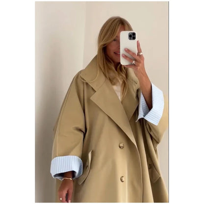 Khaki Long Color-block Stripe Trench Coat for Women