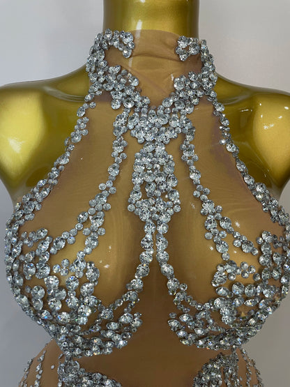 Sparkly Rhinestones Mesh See Through Dress for Women