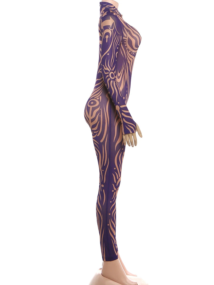 Striped Print Turtleneck Jumpsuit for Women