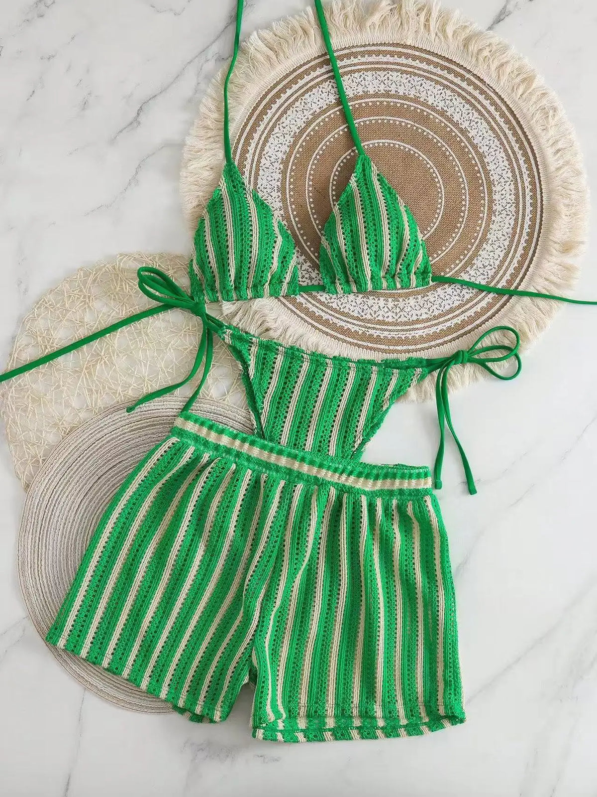 Mesh Three-Piece Women's Swimsuit with Lace-Up Detail