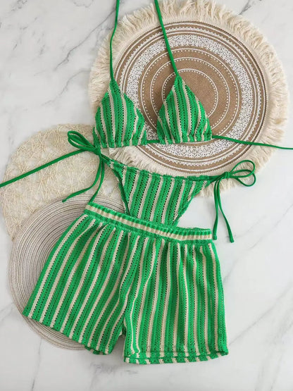 Mesh Three-Piece Women's Swimsuit with Lace-Up Detail