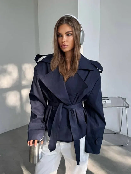 Lapel Lace Up Trench Coat Women Casual Long Sleeve