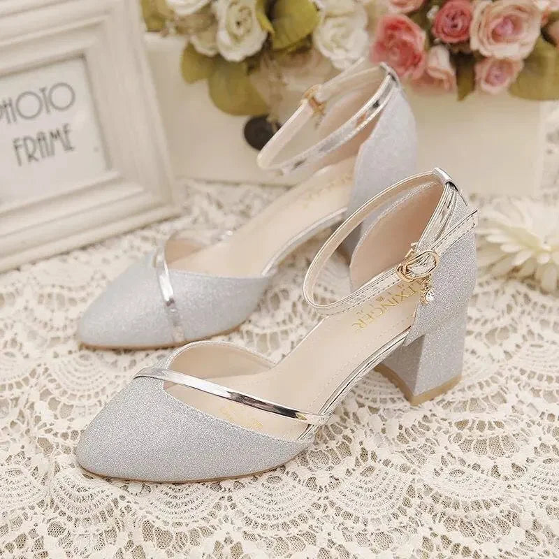 Black High-Heeled Shoes for Women - Silver and Gold