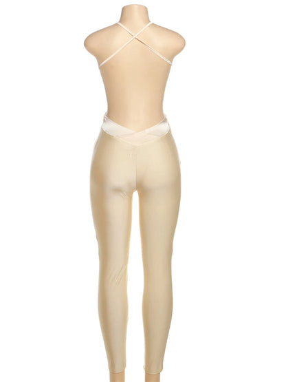 Kliou Women Jumpsuit Backless Silky Skinny Overalls