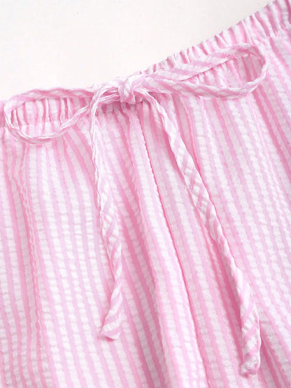 Women Striped V Neck Lace Up Blouse and Wide Leg Pants Set