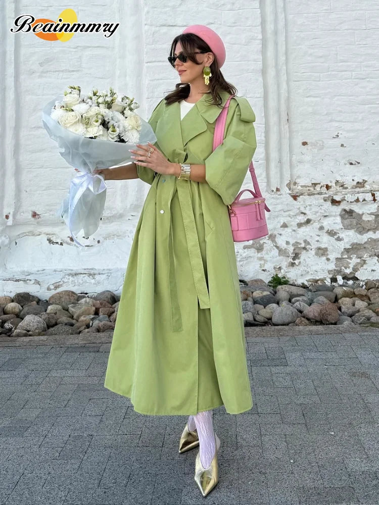 Green Oversized Belt Overcoat Women Long Sleeve Windbreaker
