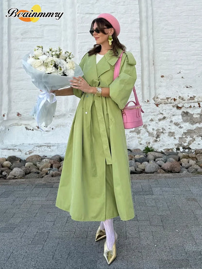 Green Oversized Belt Overcoat Women Long Sleeve Windbreaker