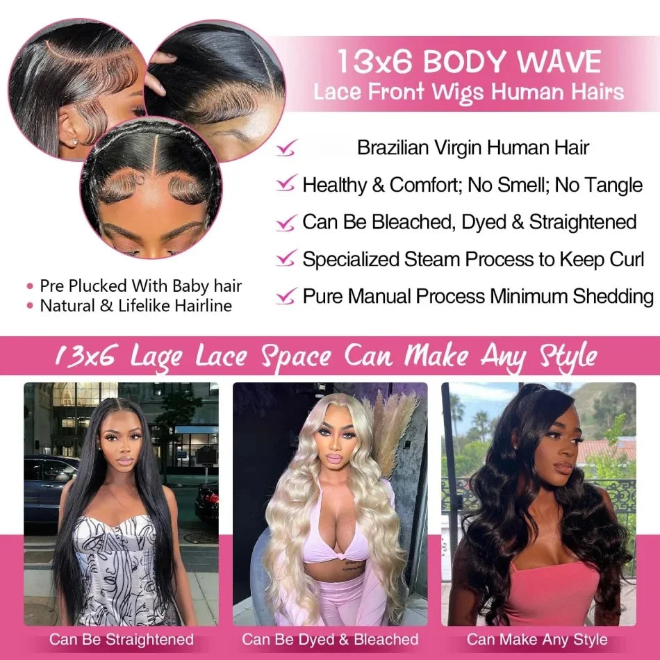 Body Wave Human Hair Wig 13X6 Lace Frontal 40 Inch Natural Black