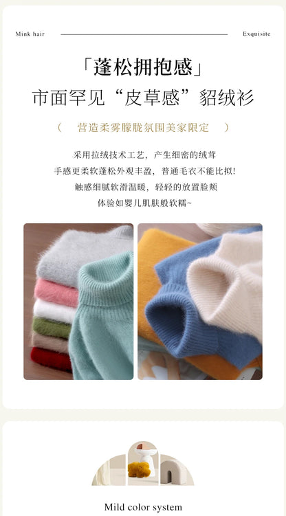 Mink Fur High Collar Pullover Sweater for Women