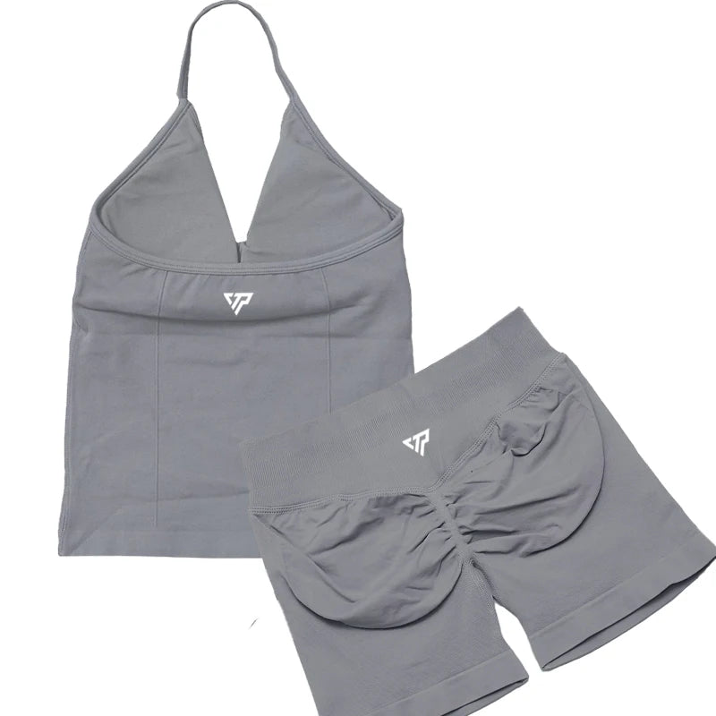 Seamless Lace-Up Bra and Shorts Yoga Set for Women