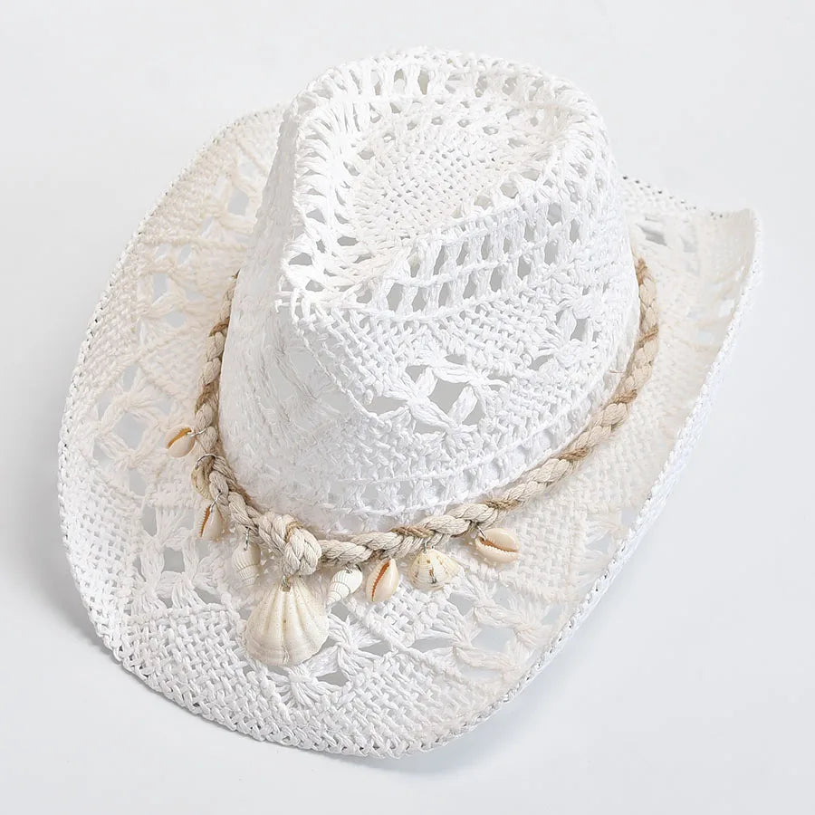 Hand Woven Straw Sun Hat for Women with Shell Decoration