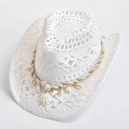 Hand Woven Straw Sun Hat for Women with Shell Decoration