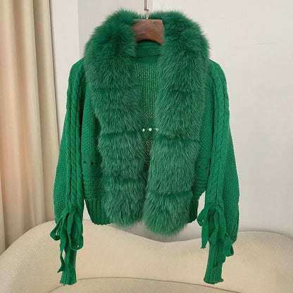 Knitted Cardigan Coat for Women with Real Fox Fur
