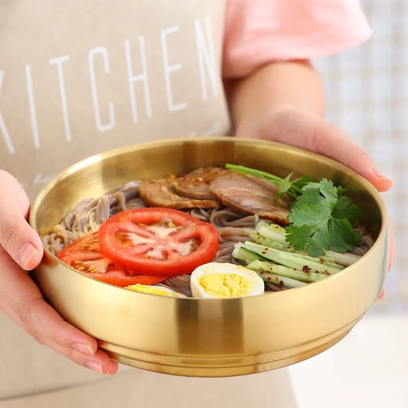 Stainless Steel Double Layer Cold Noodle Bowl Gold Silver