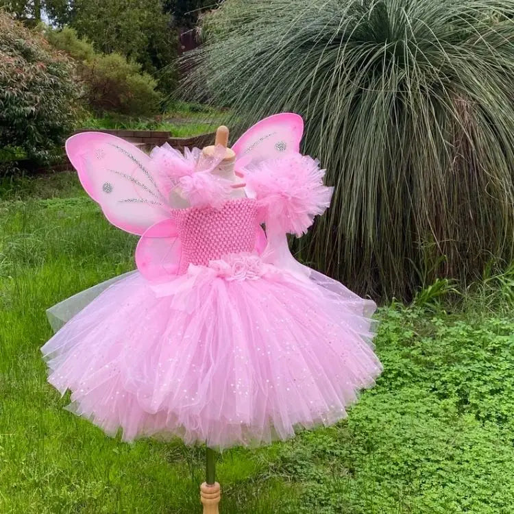 Girls Pink Glitter Tutu Dress with Wings and Hairbow