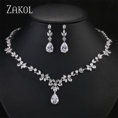 ZAKOL Brilliant Zirconia Leaf Jewelry Set for Women