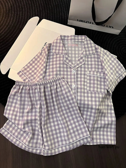 Japanese Minimalist Women's Pink Plaid Pajamas