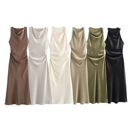 Satin Midi Dress for Women Sleeveless Elegant Evening Dress