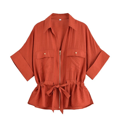 Willshela Women's Vintage 2 Piece Zipper Shirt and Trousers Set