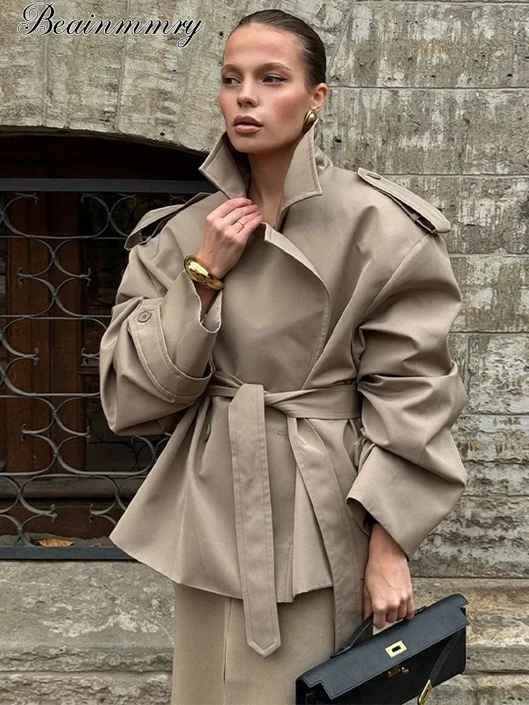 Solid Lace Up Trench Coat Women Full Sleeve Windbreak
