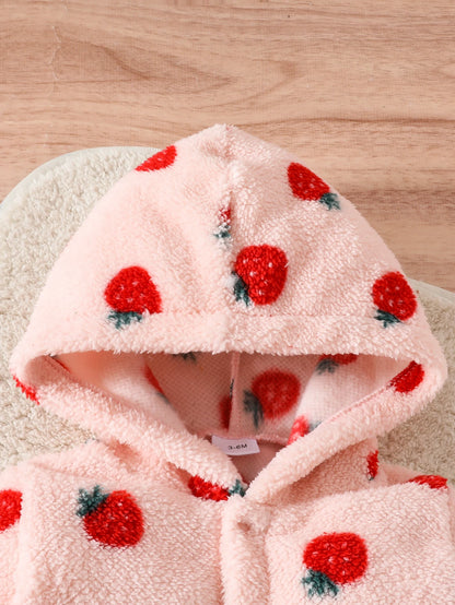 Winter Baby Girl Hooded Romper with Strawberry Print