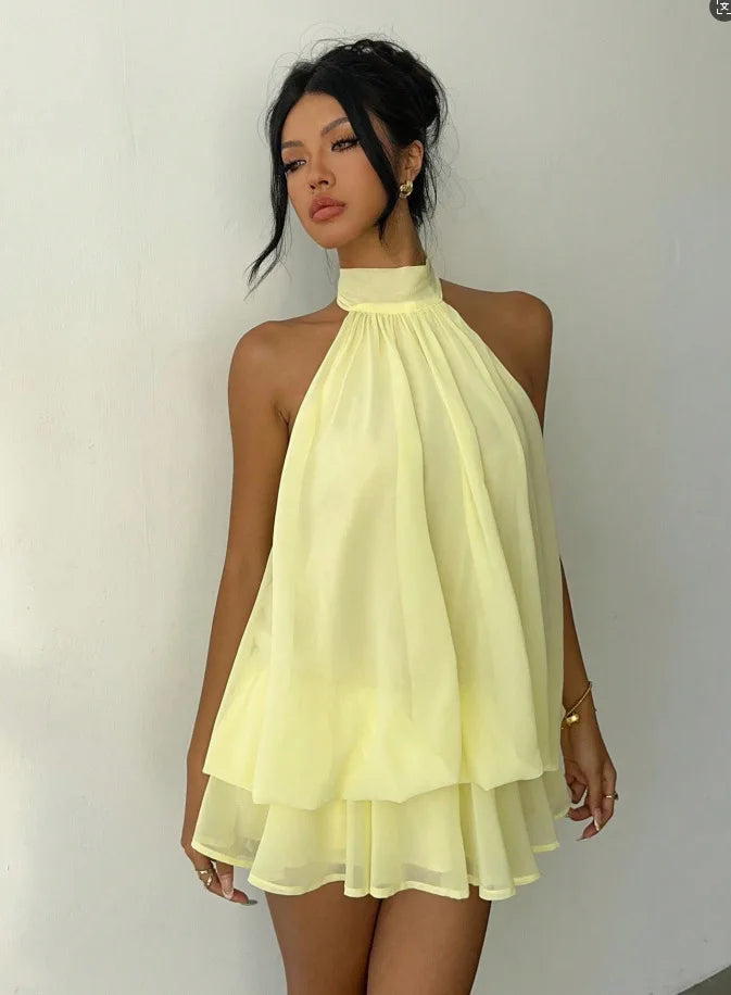 Women's Backless Halter Tie Waist Mini Dress in Polyester