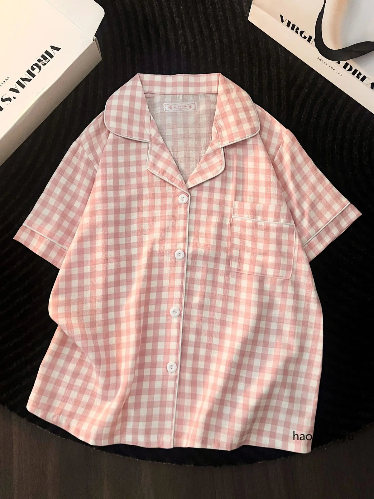 Japanese Minimalist Women's Pink Plaid Pajamas