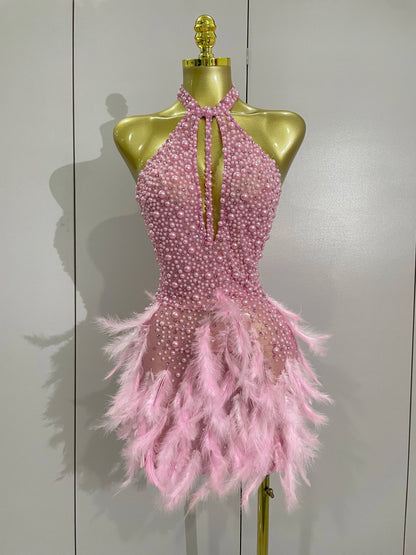 Luxury Rhinestones Pearls Feathers Halter Backless Dress