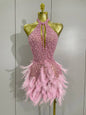 Luxury Rhinestones Pearls Feathers Halter Backless Dress