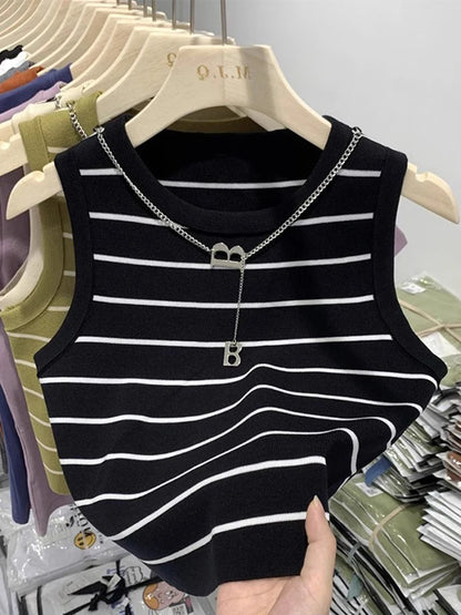 Striped Knit Sleeveless Waistcoat for Women