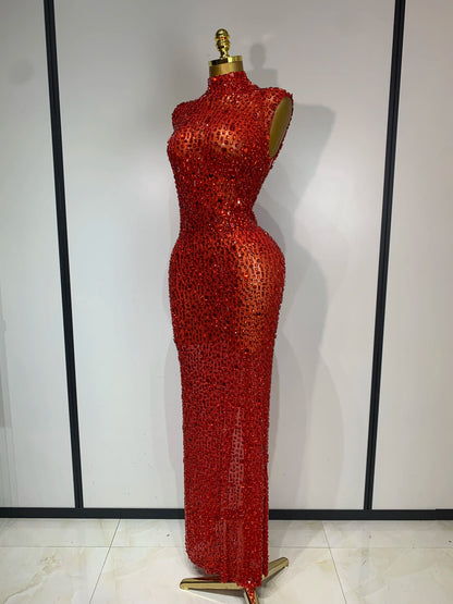 Gold Rhinestone Sleeveless Long Dress for Women