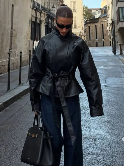 Black Faux Leather Vintage Trench Coat for Women
