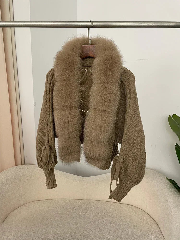 Knitted Cardigan Coat for Women with Real Fox Fur