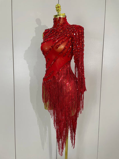 Sparkly Rhinestones One Shoulder See-Through Dress