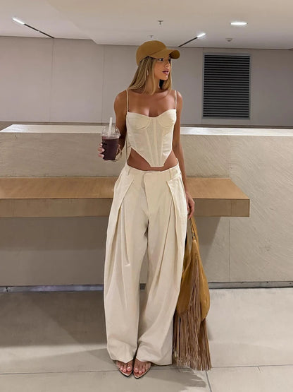 Corset Cami Two Piece Set with Pleated Wide Leg Pants