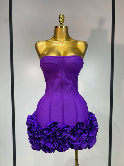 Women Strapless Backless Flower Embellished Mini Dress