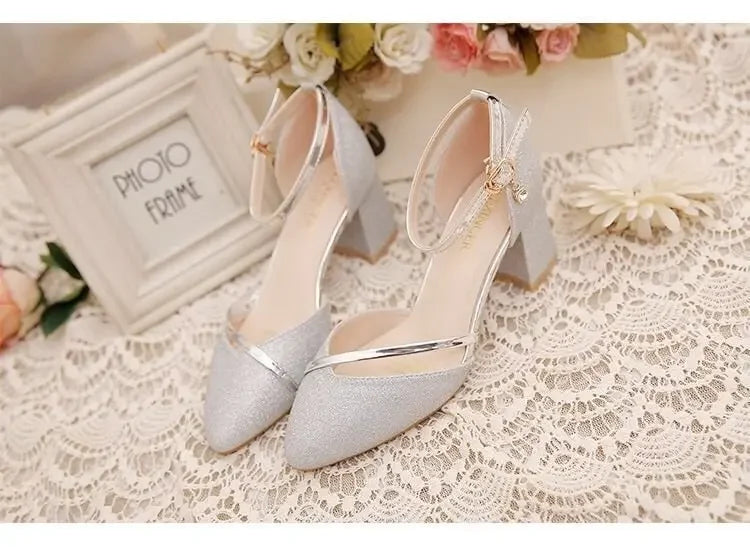 Black High-Heeled Shoes for Women - Silver and Gold