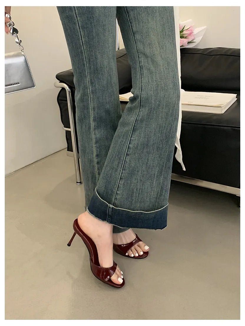 Thin High Heels Open Toe Slides Women Patent Leather Sandals