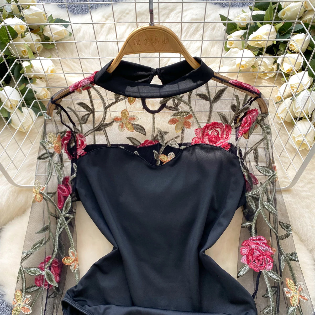 SINGREINY Vintage Embroidery Gauze Bodysuit for Women