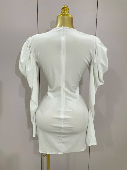 White Velvet Sexy Mesh Short Dress with Crystals