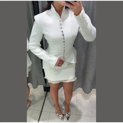 Chic Waist Cinched Women's Blazer Coat with Stand Collar