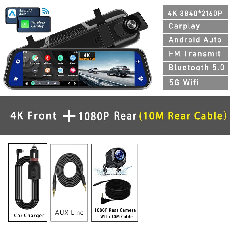 10 Inch 4K Dash Cam Rearview Mirror with GPS and WiFi
