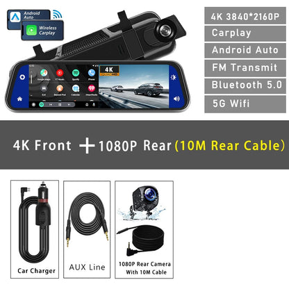 10 Inch 4K Dash Cam Rearview Mirror with GPS and WiFi