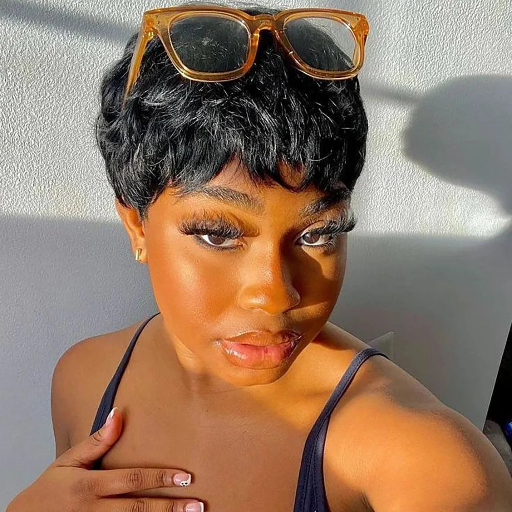 Short Pixie Cut Human Hair Wig with Bangs for Women
