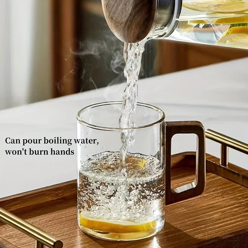 400ml Glass Cups with Walnut Handle for Tea