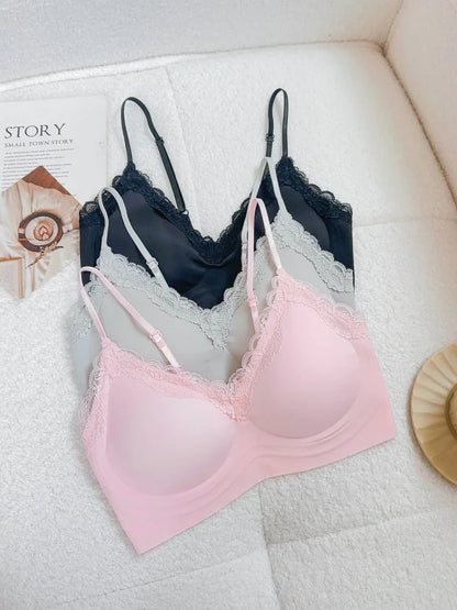 French Lace V Neck Seamless Wireless Bra S-XL