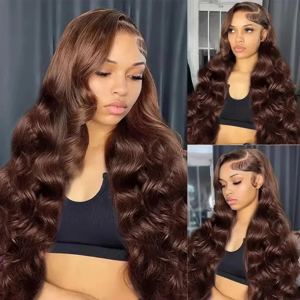 Chocolate Brown Body Wave Human Hair Wig 46 Inch