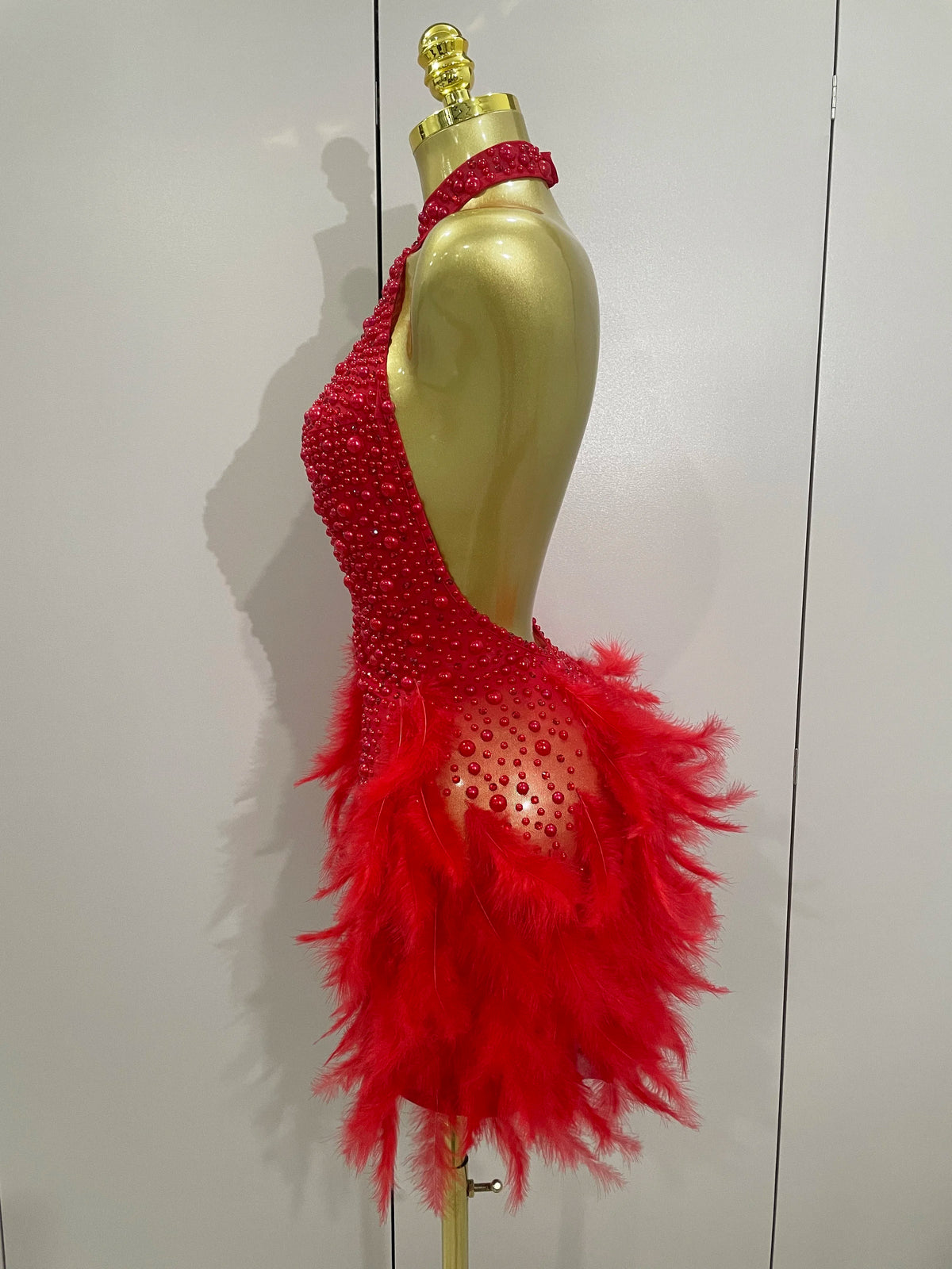 Luxury Rhinestones Pearls Feathers Halter Backless Dress