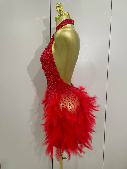 Luxury Rhinestones Pearls Feathers Halter Backless Dress